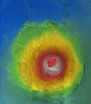 Vista tridimensional do Olympus Mons, o volc&aacute;n m&aacute;is alto de Marte