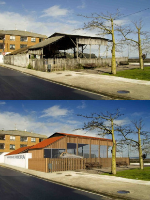 Montaxe da Asociaci&oacute;n Os Galos na que contrapo&ntilde;en a situaci&oacute;n actual do estaleiro e unha pos&iacute;bel rehaibilitaci&oacute;n