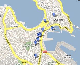 Detalle do mapa cos locais con wi-fi da Coru&ntilde;a