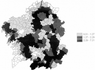 Distribuci&oacute;n do lobo en Galiza (densidade por concellos)