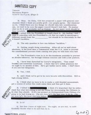 Transcrici&oacute;n de parte dunha conversa entre Kissinger e Rogers, o 14 de setembro de 1970 (clique para ampliar)
