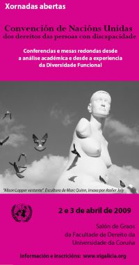 Detalle do d&iacute;ptico das xornadas, e nel unha escultura de Alison Lapper, muller que naceu sen brazos