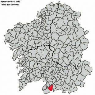 Situaci&oacute;n do Concello raiano de Mu&iacute;&ntilde;os no mapa de Galiza
